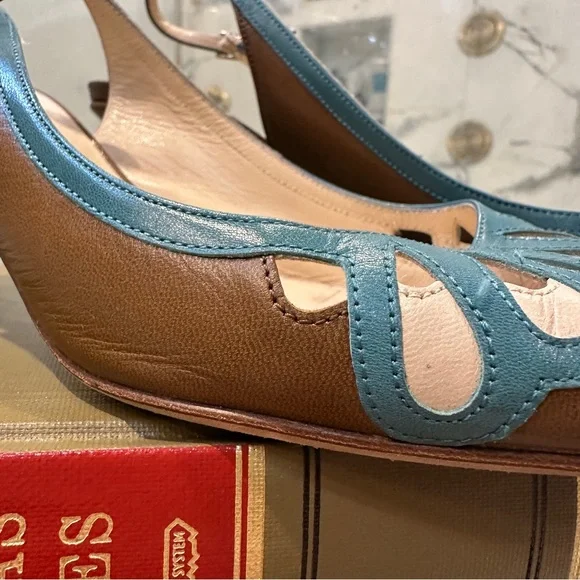 Jimmy Choo | 8 | Slingback Pumps Brown Teal Cutout Leather Pointed Toe 3” Heel - Picture 4 of 16
